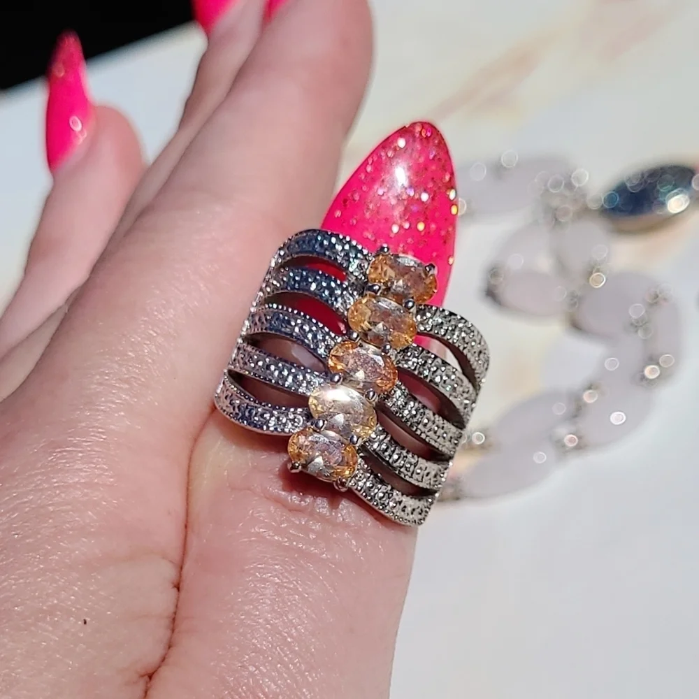 Vintage Oval Morganite Sterling Silver Stacked Ring SZ 8